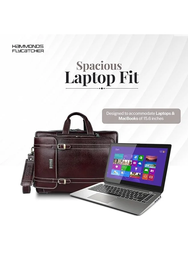 Hammonds Flycatcher  Genuine Leather Office Bag for Men, 2in1 Brown Laptop Bag for Men, Fits 15.6" Laptop, Adjustable Strap, Multi Compartments Ideal for Office, Travel, Daily Use-LB125 BRN  | Best Price UAE